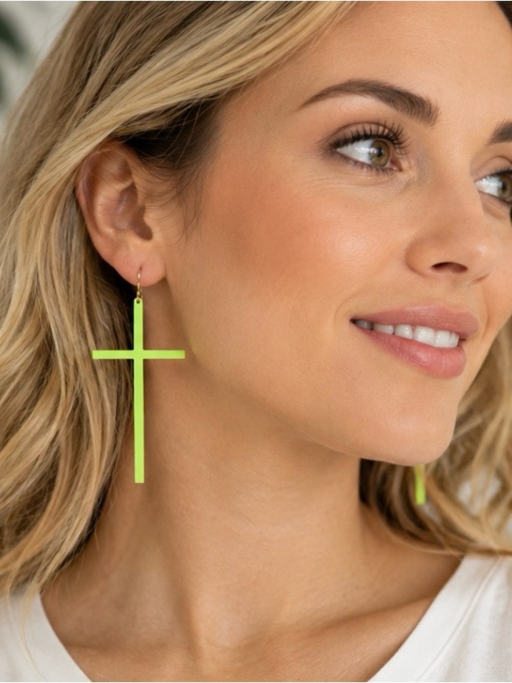 Neon Green Cross Drop Earrings 3/$20.00